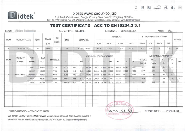 Ball Valve Test Certificate Acc To EN10204.3 3