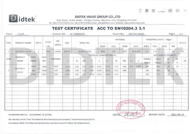 Butterfly Valve Test Certificate Acc To EN10204.3 3