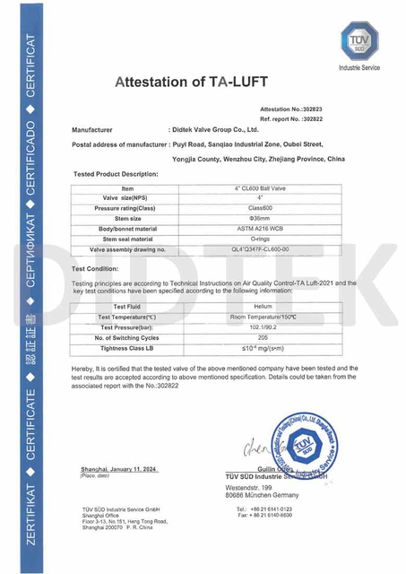 Didtek Attestation TA-Luft Ball Valve 4600LB 778