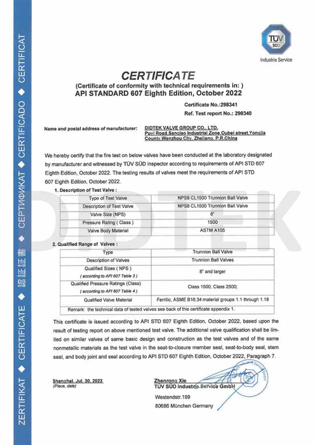 Didtek API Standard 607 Eighth Edition Certificate Of NPS8 CL1500 A105 Trunnion Ball Valve 778